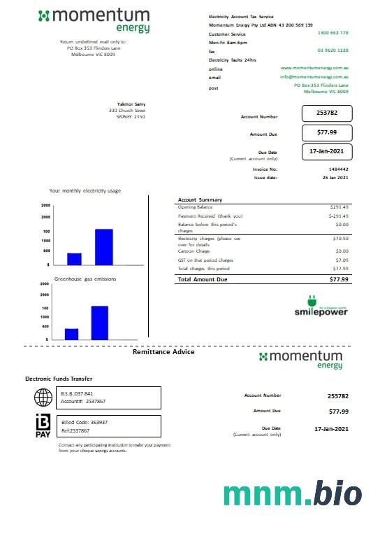 Australia Momentum Energy rachunek za media